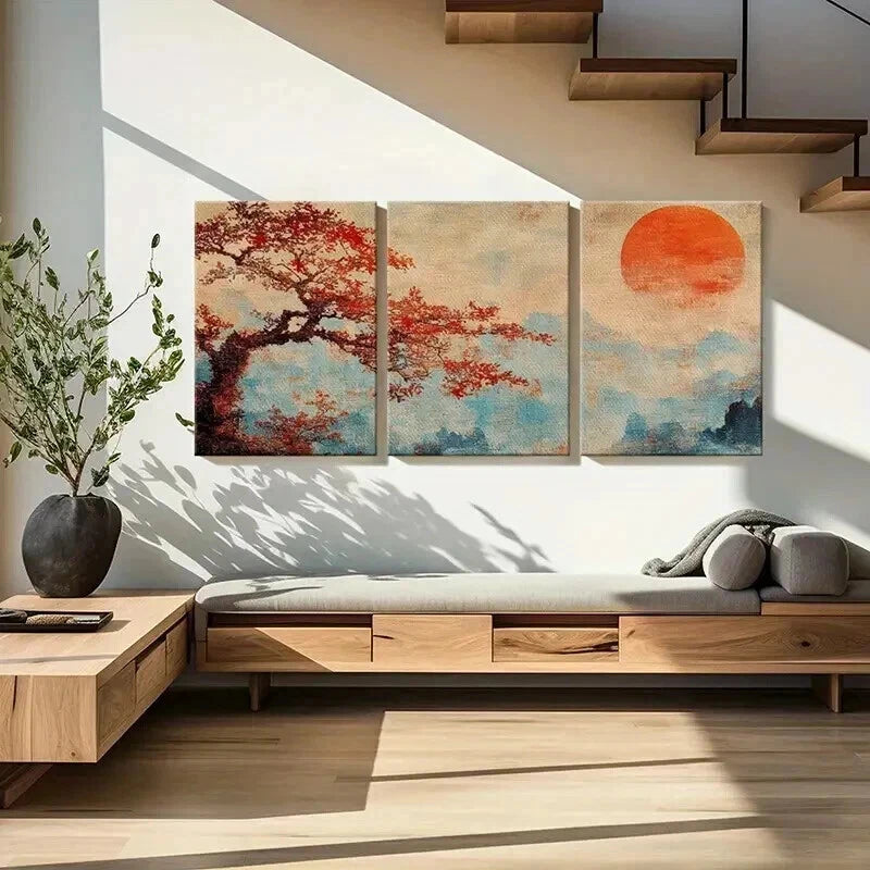 3pcs Vintage Autumn Tree & Sunset Landscape Wall Art Set Canvas Framed 60x90cm - High Quality Print 100% Australian Made Wall Canvas Ready to Hang - Bella Home Decor