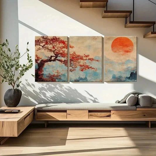 3pcs Vintage Autumn Tree & Sunset Landscape Wall Art Set Canvas Framed 60x90cm - High Quality Print 100% Australian Made Wall Canvas Ready to Hang