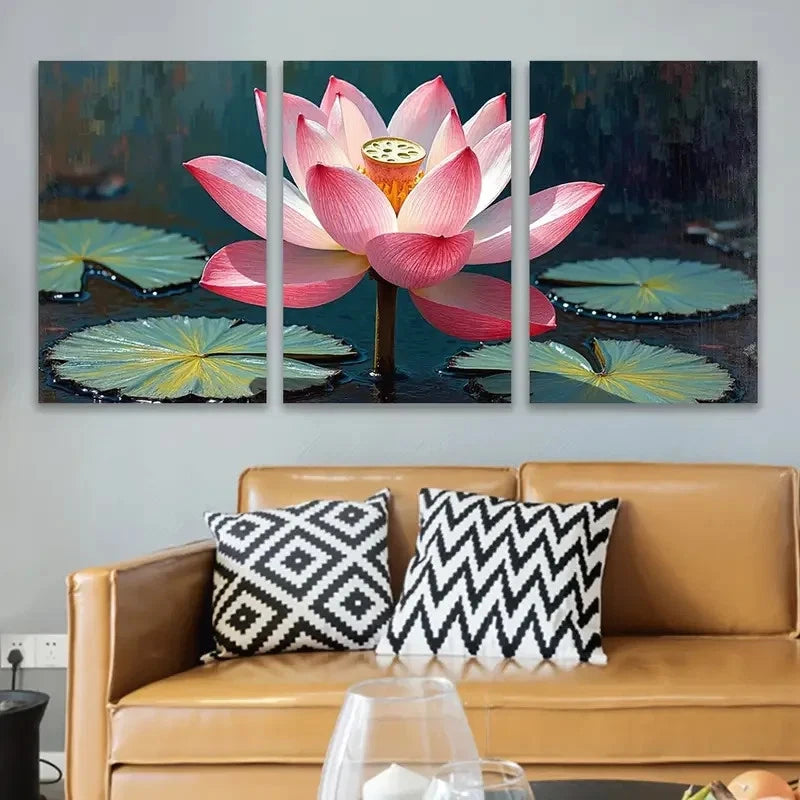 3pcs Pink Lotus Flower Paintings Wall Art Set Canvas Framed 50x70cm - High Quality Print 100% Australian Made Wall Canvas Ready to Hang