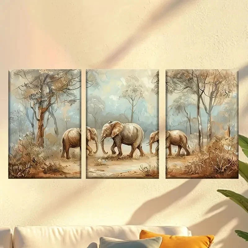3pcs Colorful steppe elephants Wall Art Set Canvas Framed 50x70cm - High Quality Print 100% Australian Made Wall Canvas Ready to Hang - Bella Home Decor