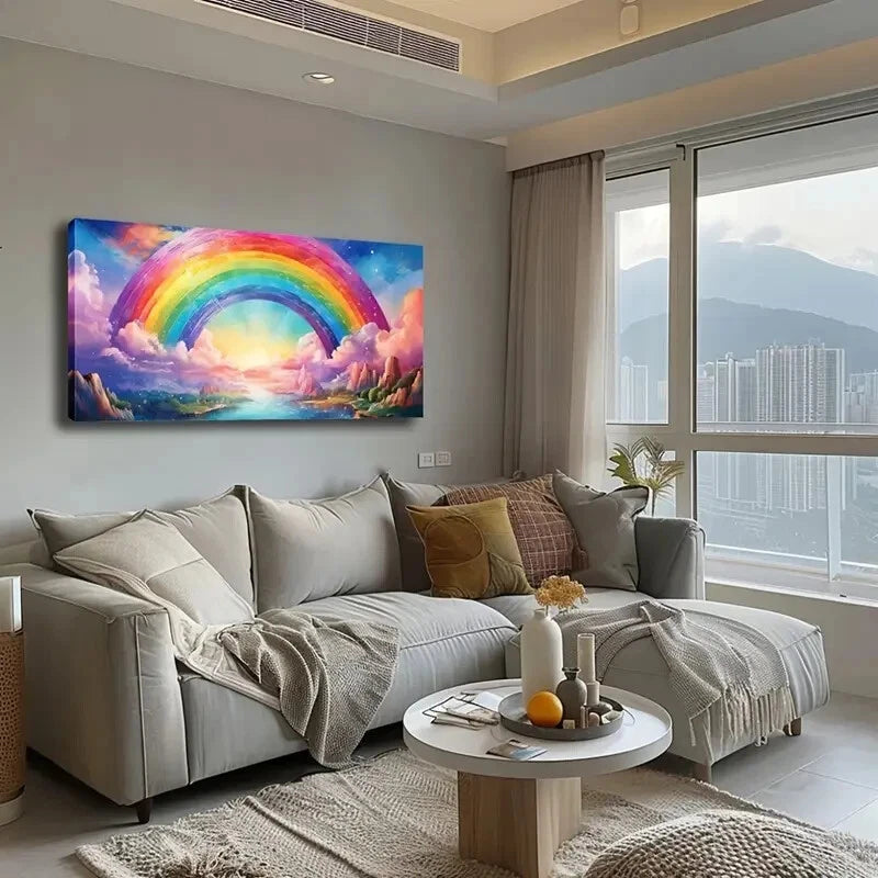 Living room with a large sofa, coffee table, and colorful rainbow painting on the wall.