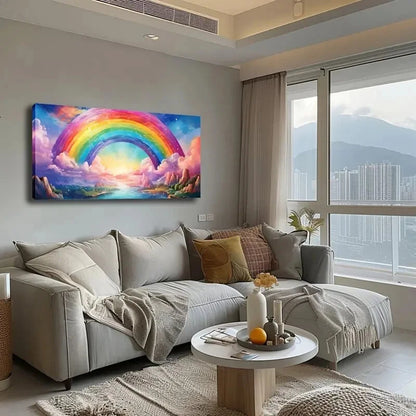 Living room with a large sofa, coffee table, and colorful rainbow painting on the wall.