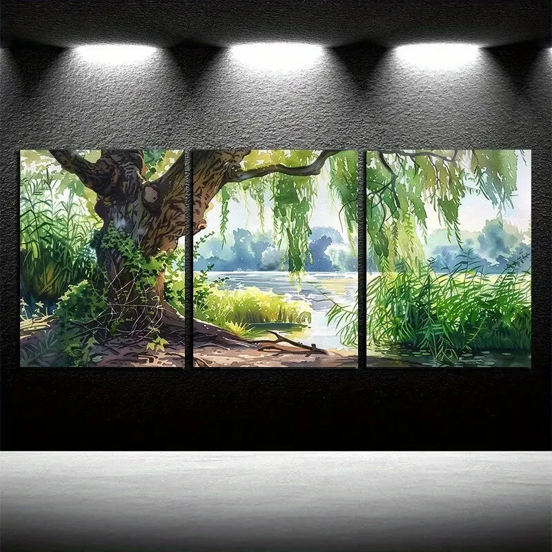 3pcs Nature Scenes with Willow Trees and lake View Metal Print Ready to Hang Art - Bella Home Decor