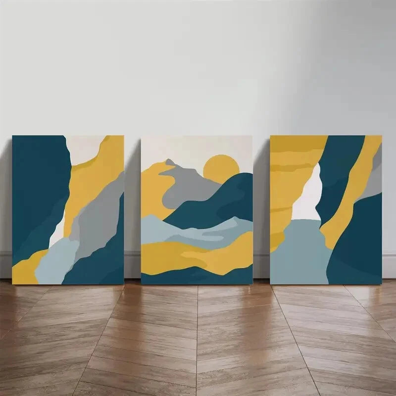 3pcs Bohemian Style Abstract Golden Mountain Metal Print Ready to Hang Art - Bella Home Decor