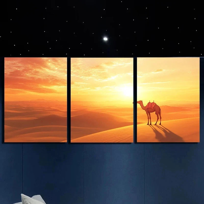 3pcs Camels in the Desert Sunset Metal Print Ready to Hang Art - Bella Home Decor