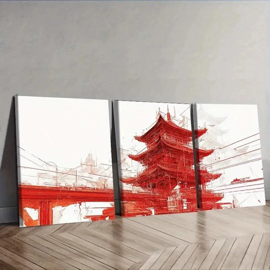 3pcs Chinese-style tower Wall Art Set Canvas Framed 50x70cm - High Quality Print 100% Australian Made Wall Canvas Ready to Hang