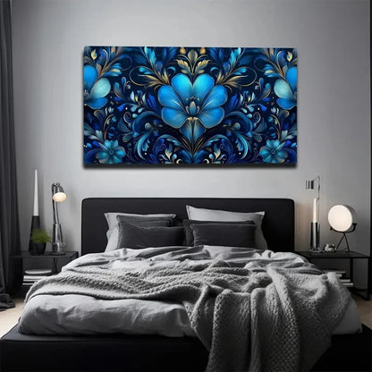 Decorative blue floral painting above a bed in a bedroom setting.