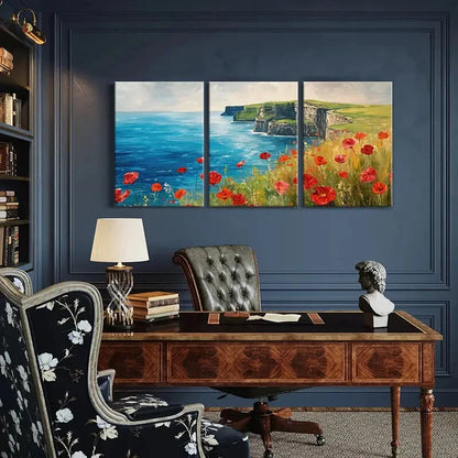 3pcs Artistic Ocean Cliffs Landscape Red Flowers Metal Print Ready to Hang Art - Bella Home Decor