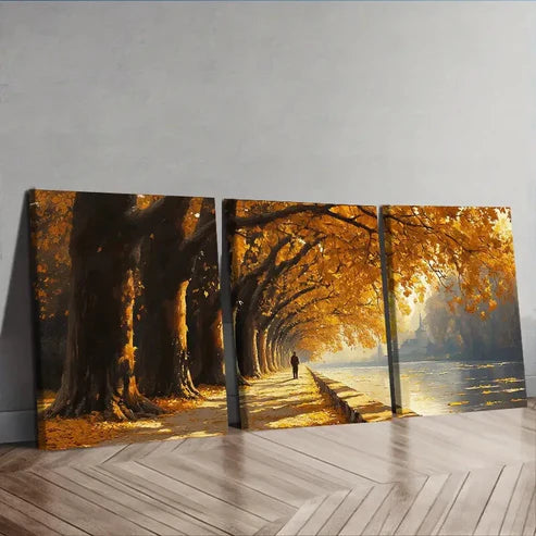 3pcs Golden autumn trees along the river Wall Art Set Canvas Unframed - High Quality Print 100% Australian Made Wall Canvas - Bella Home Decor