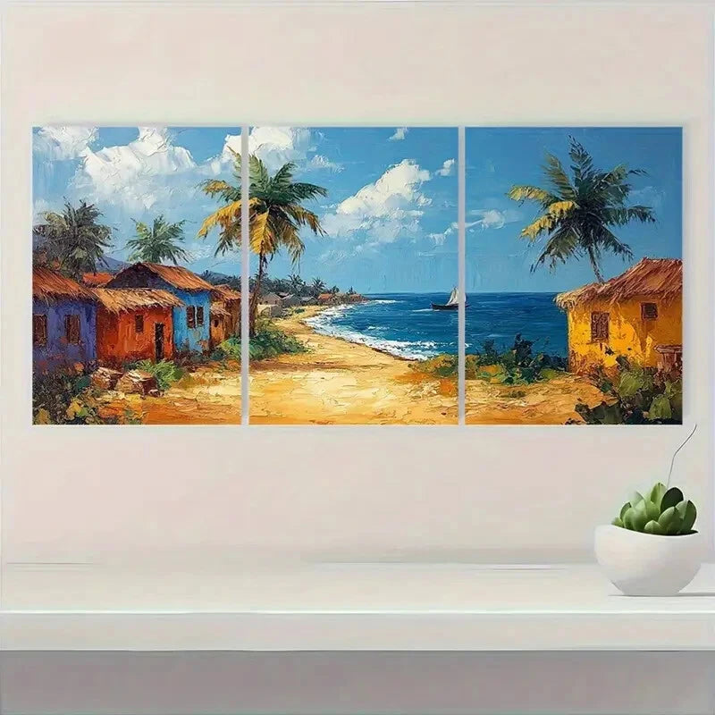 3pcs African Village Landscape Oil Painting Metal Print Ready to Hang Art