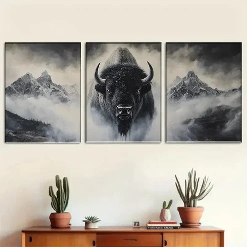 3pcs Majestic Bison And Mountains Wall Art Canvas Unframed - High Quality Print 100% Australian Made Wall Canvas