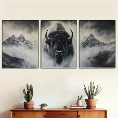 3pcs Majestic Bison And Mountains Wall Art Canvas Unframed - High Quality Print 100% Australian Made Wall Canvas