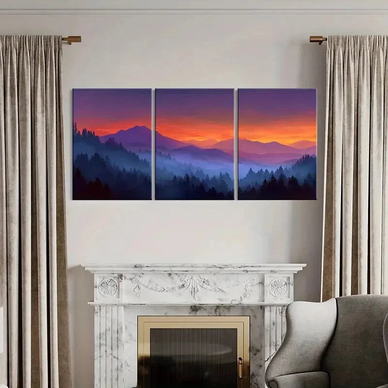 3pcs Sunset Abstract Mountains Forest Landscape Metal Print Ready to Hang Art - Bella Home Decor