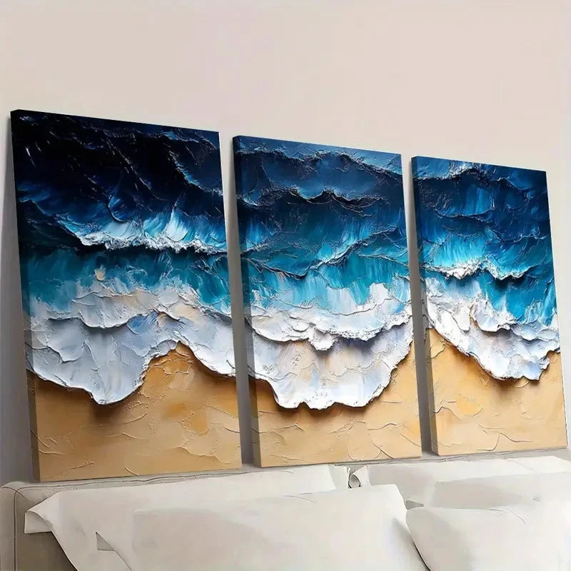 3pcs Ocean Beach  Blue & Beige Seascape       Wall Art Set Canvas Framed 50x70cm - High Quality Print 100% Australian Made Wall Canvas Ready to Hang