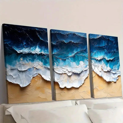3pcs Ocean Beach  Blue & Beige Seascape       Wall Art Set Canvas Framed 50x70cm - High Quality Print 100% Australian Made Wall Canvas Ready to Hang