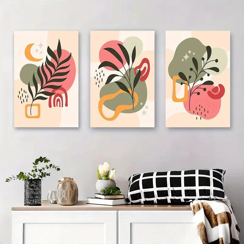 3pcs Modern Abstract Botanical Art with Bold Red Metal Print Ready to Hang Art