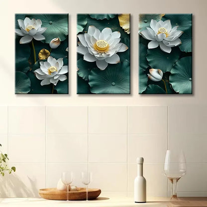 3pcs White Lotus leaves Wall Art Set Canvas Framed 50x70cm - High Quality Print 100% Australian Made Wall Canvas Ready to Hang