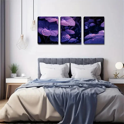 3pcs Purple Leaves Dotted Water Drop Perfect Wall Art Set Canvas Framed 40x60cm - High Quality Print 100% Australian Made Wall Canvas Ready to Hang - Bella Home Decor