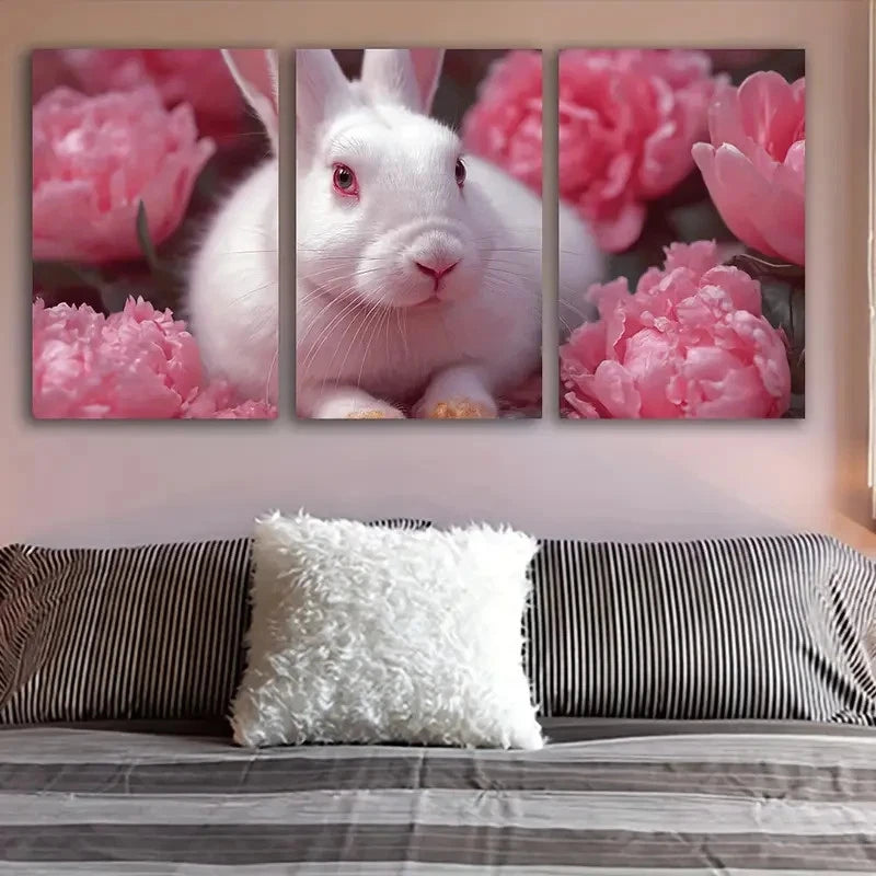 3pcs White Rabbit With Pink Peonies Wall Art Set Canvas Framed 60x90cm - High Quality Print 100% Australian Made Wall Canvas Ready to Hang