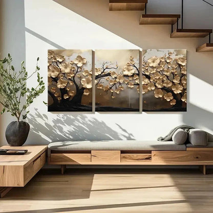 3pcs Abstract Golden Leaves Tree Modern Elegance Wall Art Set Canvas Framed 50x70cm - High Quality Print 100% Australian Made Wall Canvas Ready to Hang - Bella Home Decor