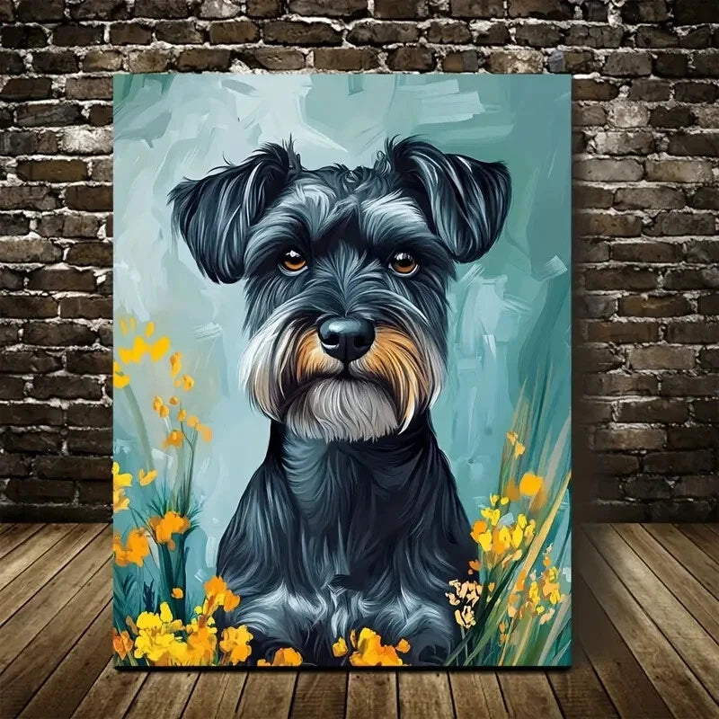 Adorable Schnauzer Dog with Flowers Painting 40x60cm Metal Print Ready to Hang - Bella Home Decor
