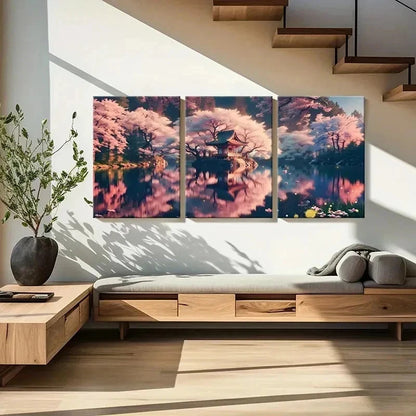 3pcs Japanese Sakura Lake Modern Wall Art Set Canvas Framed 50x70cm - High Quality Print 100% Australian Made Wall Canvas Ready to Hang