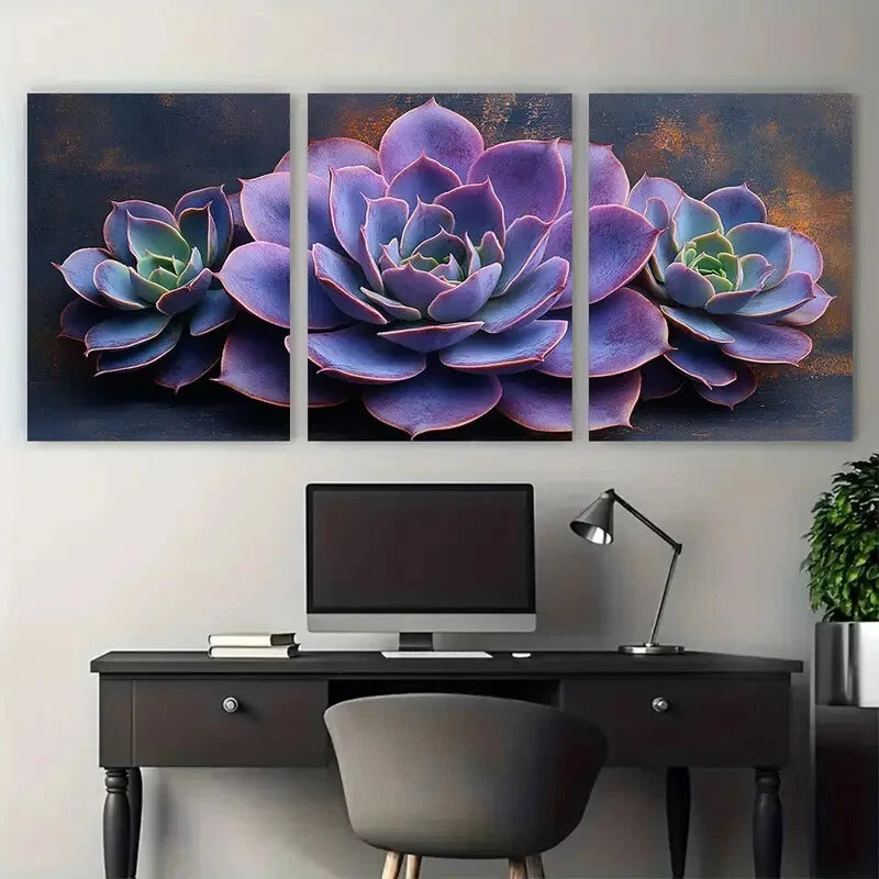 3pcs Succulent Purple Green Design Metal Print Ready to Hang Art - Bella Home Decor