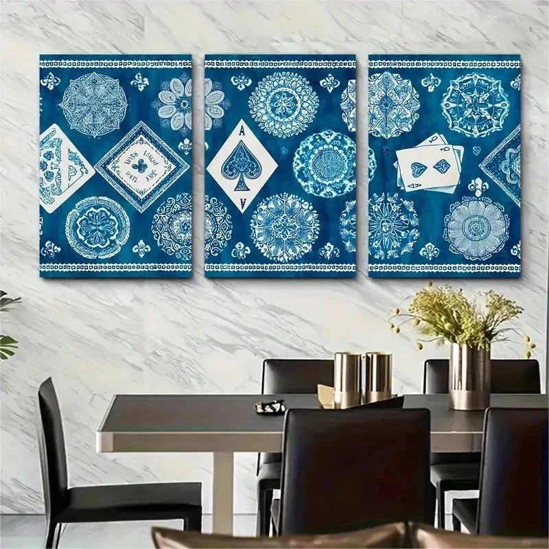 3pcs Blue Retro Ace Playing Card Perfect Wall Art Set Canvas Framed 50x70cm - High Quality Print 100% Australian Made Wall Canvas Ready to Hang - Bella Home Decor