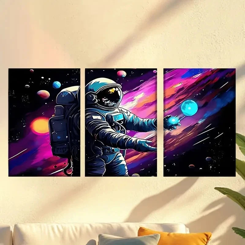 3pcs Astronaut in space with planets and stars Wall Art Set Canvas Framed 40x60cm - High Quality Print 100% Australian Made Wall Canvas Ready to Hang - Bella Home Decor