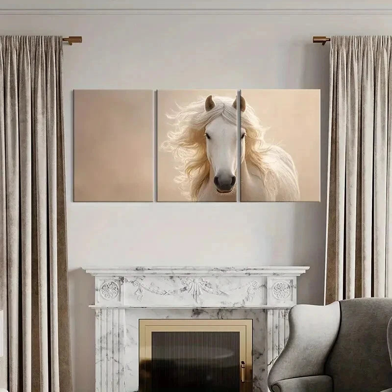 3pcs Elegant White Horse Art Luxurious Metal Print Ready to Hang Art - Bella Home Decor