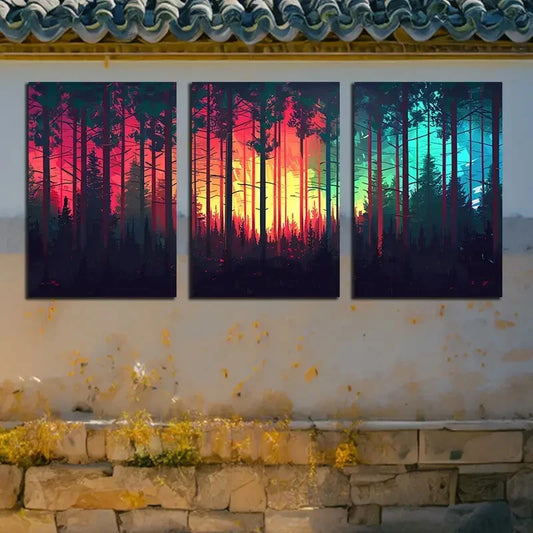 3pcs Midnight Forest Bathed in Ethereal Light  Metal Print Ready to Hang Art
