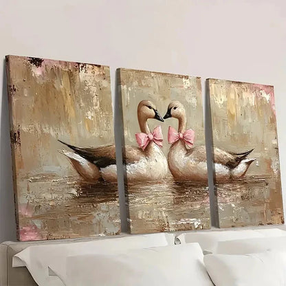 3pcs Romantic Couple Geese with Pink Bows G Wall Art Set Canvas Unframed - High Quality Print 100% Australian Made Wall Canvas - Bella Home Decor