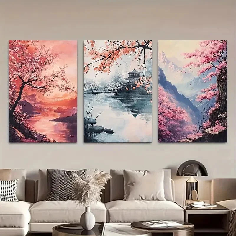3pcs Japanese Sakura Blossom Landscapes Metal Print Ready to Hang Art - Bella Home Decor