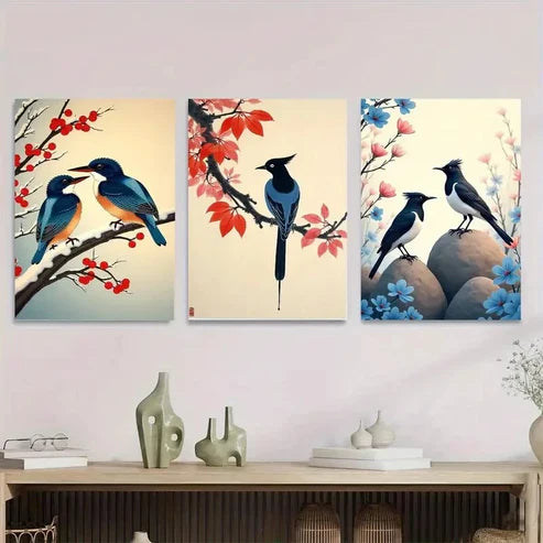 3pcs Beautiful Bird Nature Scenes Birds Modern Wall Art Set Canvas Unframed - High Quality Print 100% Australian Made Wall Canvas