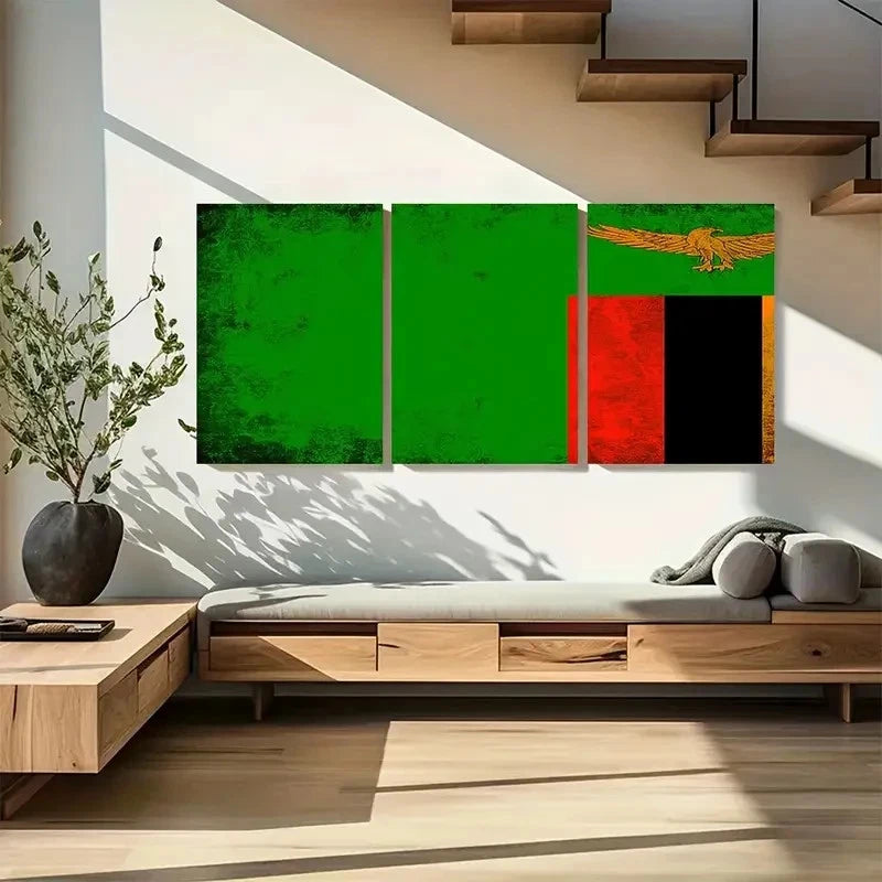 3pcs Zambia Country Flag Grunge Metal Print Ready to Hang Art