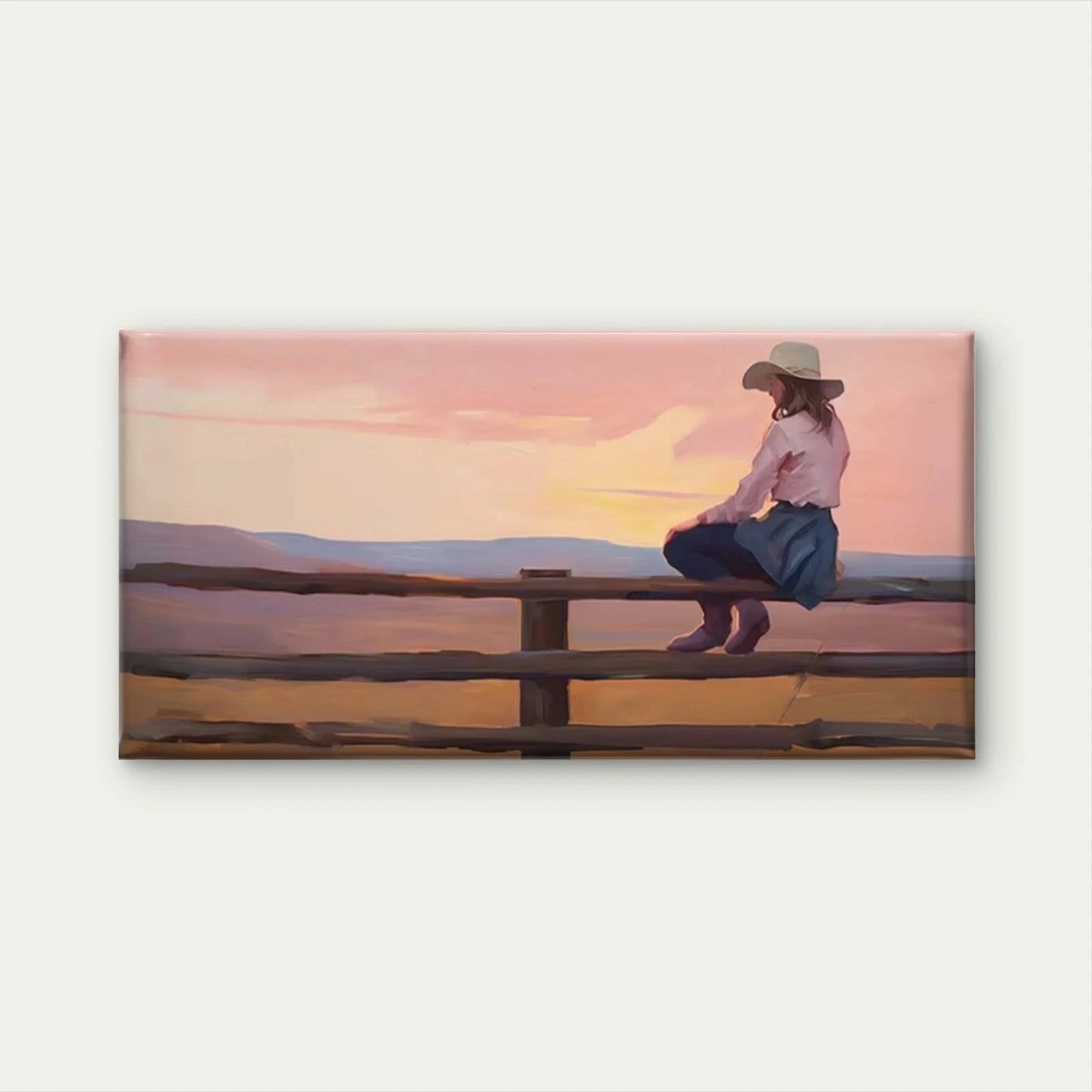 Western Cowboy Girl on Fence Wall Art Canvas Office Home Room Framed 120x60cm