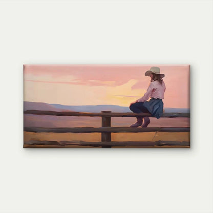 Western Cowboy Girl on Fence Wall Art Canvas Office Home Room Framed 120x60cm