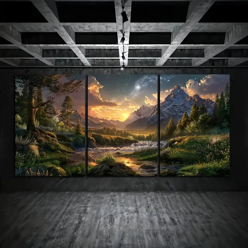3pcs Forest and River Scenes Starry Night Sky Metal Print Ready to Hang Art - Bella Home Decor
