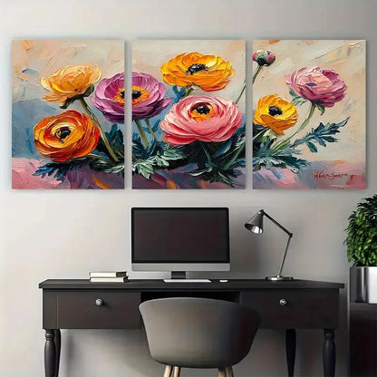 3pcs Ranunculus Oil Painting Floral ty Wall Art Set Canvas Framed 60x90cm - High Quality Print 100% Australian Made Wall Canvas Ready to Hang