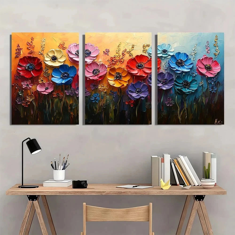 3pcs Abstract Colorful Flower Oil Painting Metal Print Ready to Hang Art - Bella Home Decor