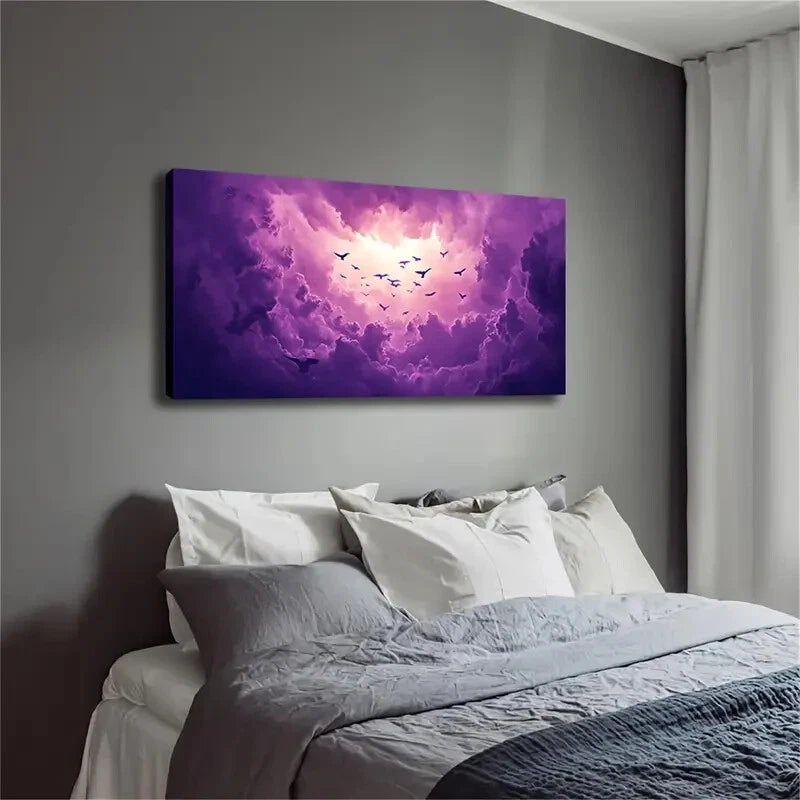 Birds in Purple Clouds Modern Wall Art Canvas Office Home Room Framed 120x60cm - Bella Home Decor