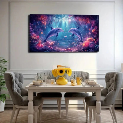 Impressionist Dolphin Vibrant Wall Art Canvas Office Home Room Framed 120x60cm