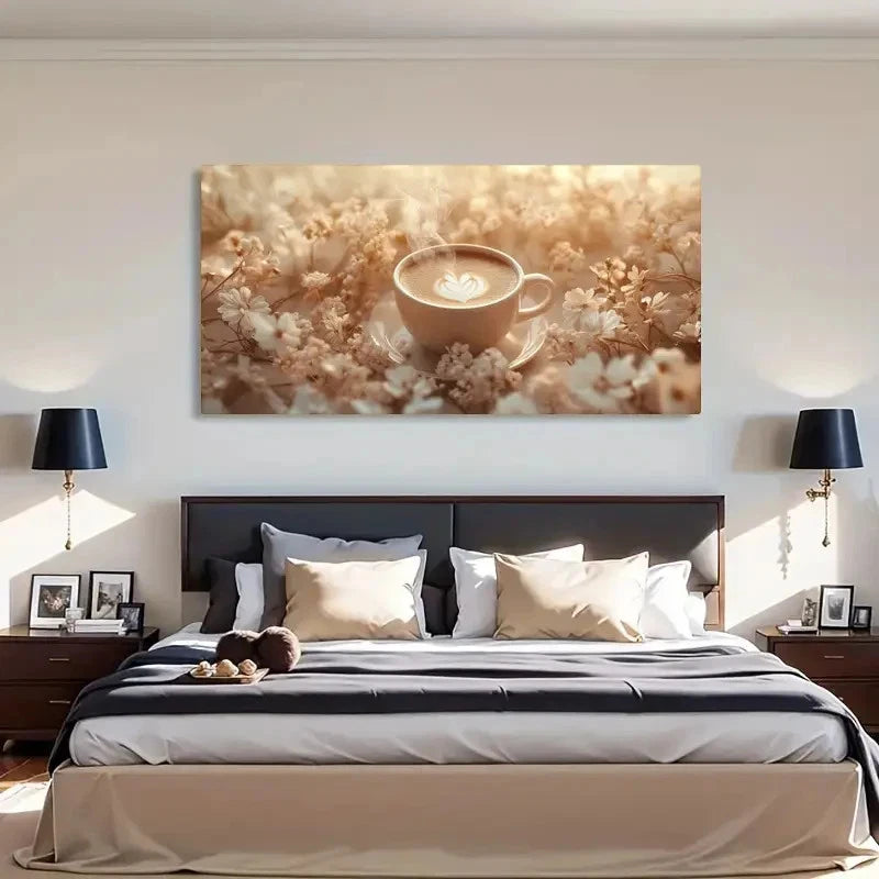 Coffee & Floral Warm Steam Wall Art Canvas Office Home Room Framed 120x60cm - Bella Home Decor
