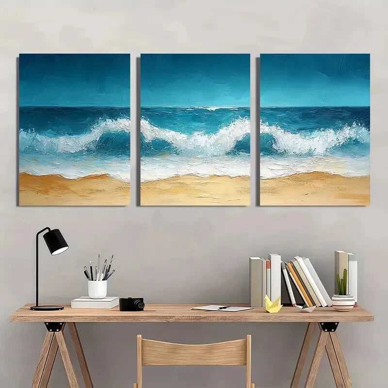 3pcs Abstract Minimalist Beach Oil Painting Metal Print Ready to Hang Art - Bella Home Decor