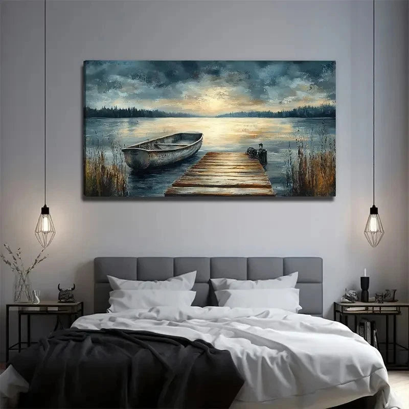 Large Modern Lakeside Painting Wall Art Canvas Office Home Room Framed 120x60cm