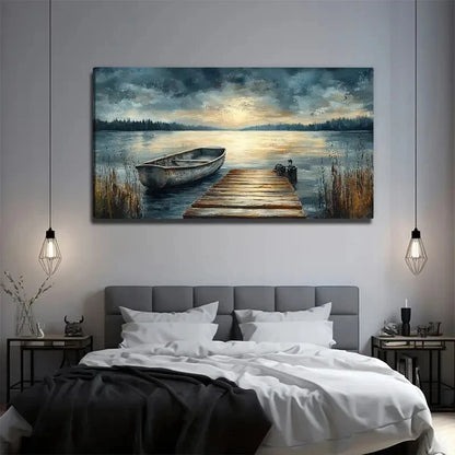 Large Modern Lakeside Painting Wall Art Canvas Office Home Room Framed 120x60cm
