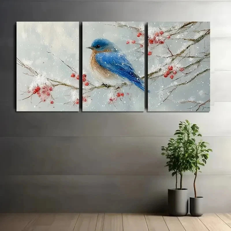3pcs Blue Bird & Snowy Branch  Wall Art Set Canvas Framed 60x90cm - High Quality Print 100% Australian Made Wall Canvas Ready to Hang