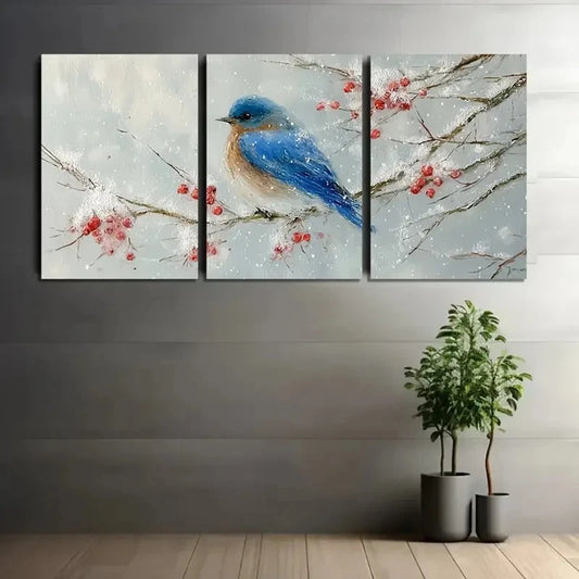3pcs Blue Bird & Snowy Branch  Wall Art Set Canvas Framed 60x90cm - High Quality Print 100% Australian Made Wall Canvas Ready to Hang