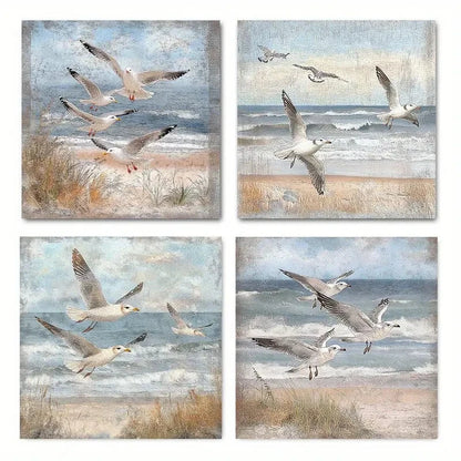 4pcs Seagulls By The Sea Wall Art Canvas Framed