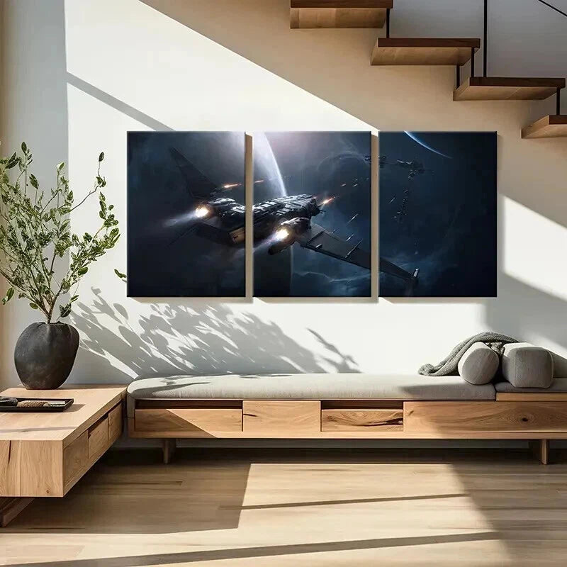 3pcs Futuristic Spaceship in Cosmic Setting Wall Art Set Canvas Framed 50x70cm - High Quality Print 100% Australian Made Wall Canvas Ready to Hang - Bella Home Decor